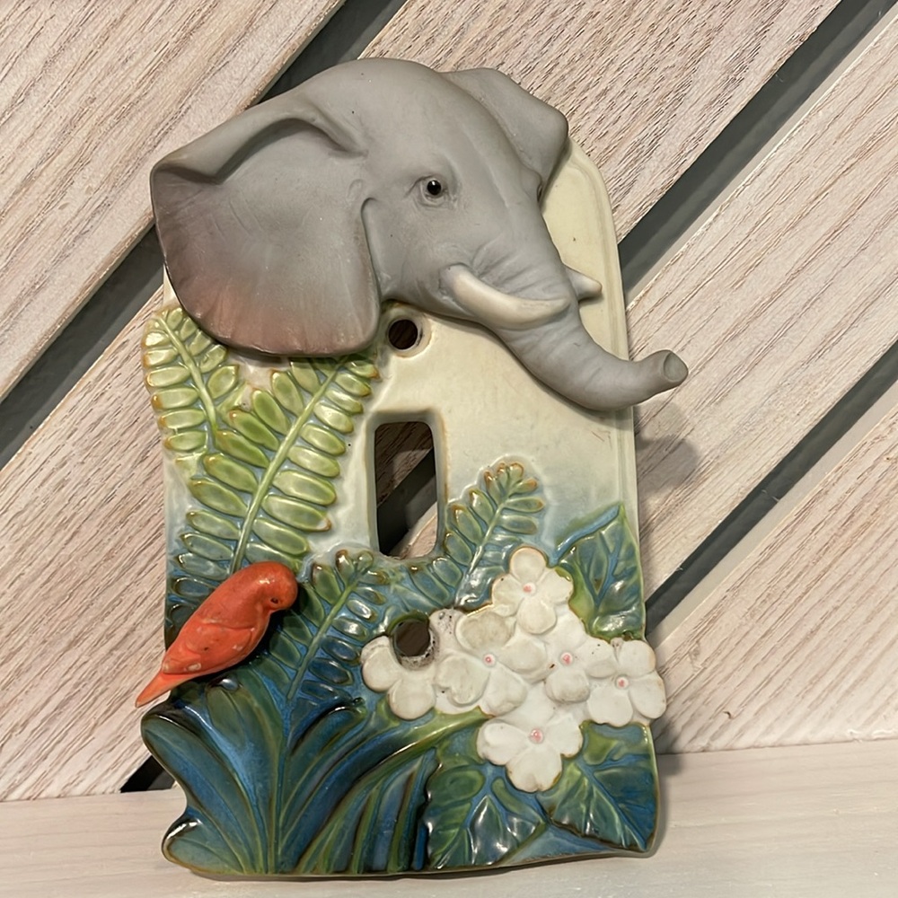 Vintage Elephant and Bird Light Switch Cover safari plants TAKAHASHI parrot